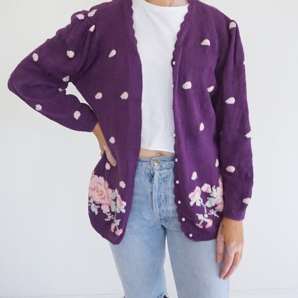Sweaters - Vintage Maggie Lawrence Purple Polka Dot Floral Embroidered Knit Cardigan M